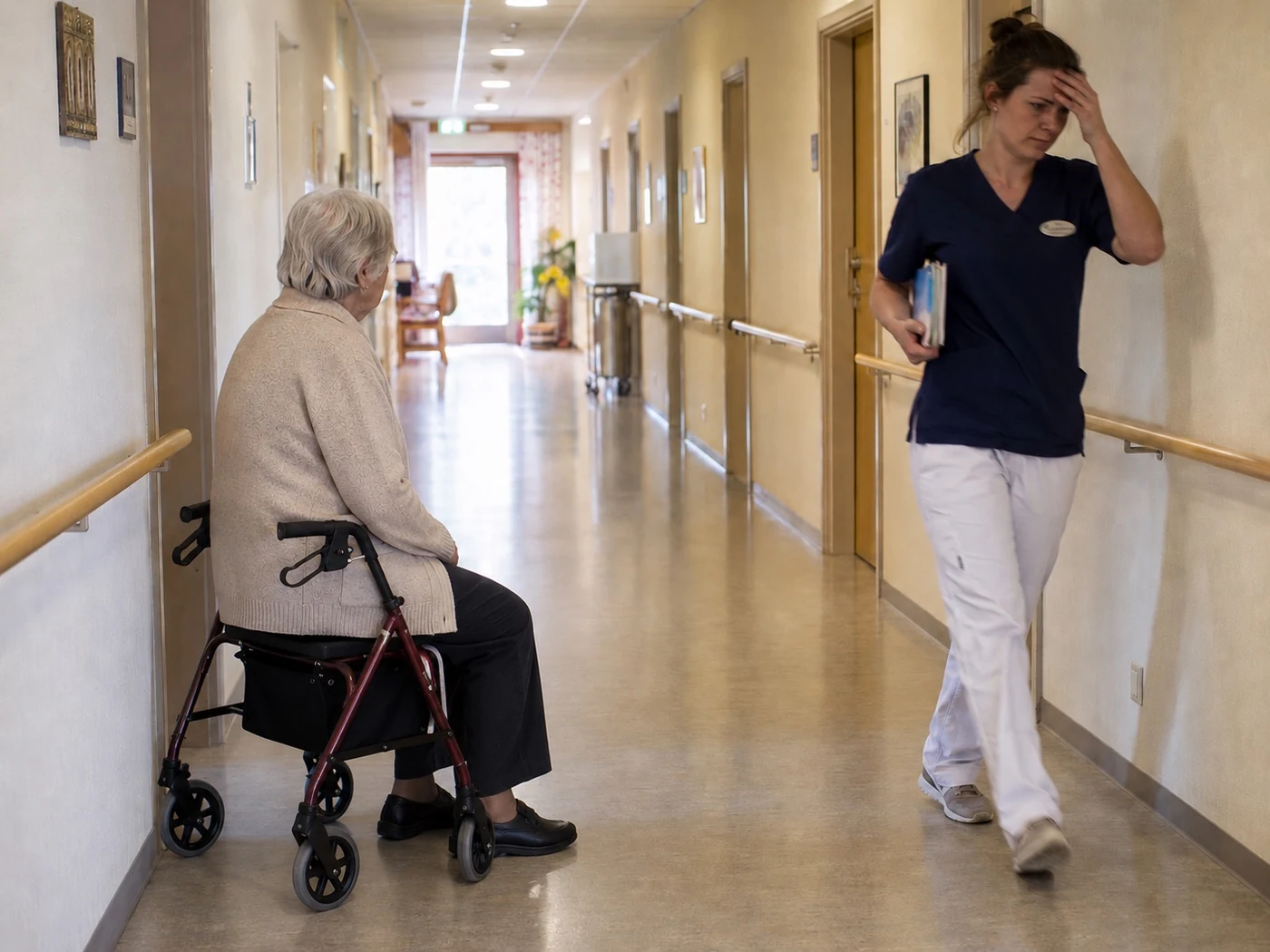 Flur einer Pflegeeinrichtung mit Bewohnerin und Pflegekraft